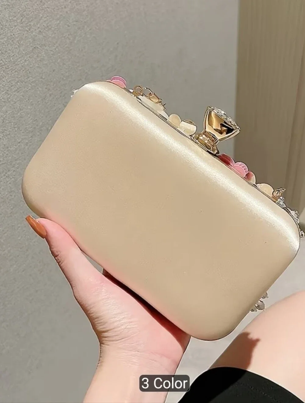 Embellished Floral Clutch Bag in Pink, White & Gold